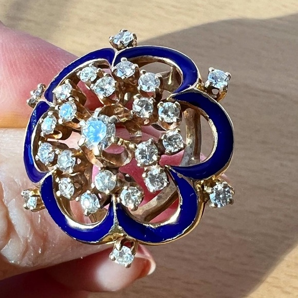 VINTAGE 14K YELLOW GOLD DIAMOND COBALT BLUE ENAMEL RING STATEMENT CUSTOM MADE - Picture 10 of 16
